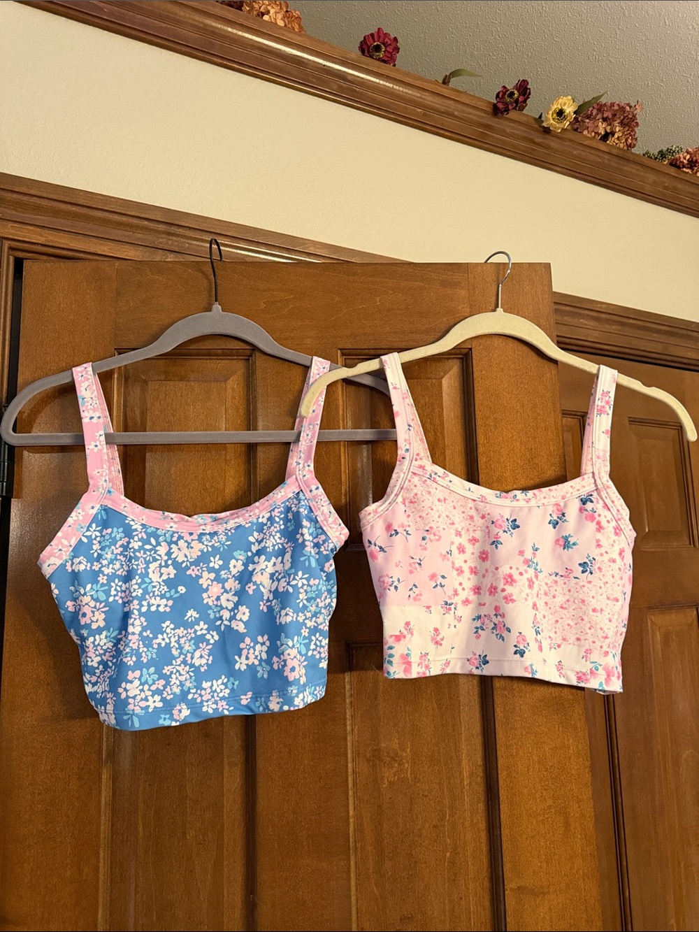Altar'd State Floral Cropped Tank Tops in Blue and Pink